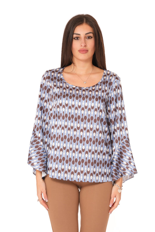 Blusa con scollo rotondo e manica con Voilant Tinta Unita