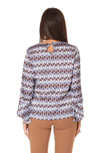 Blusa con scollo rotondo e manica con Voilant Tinta Unita