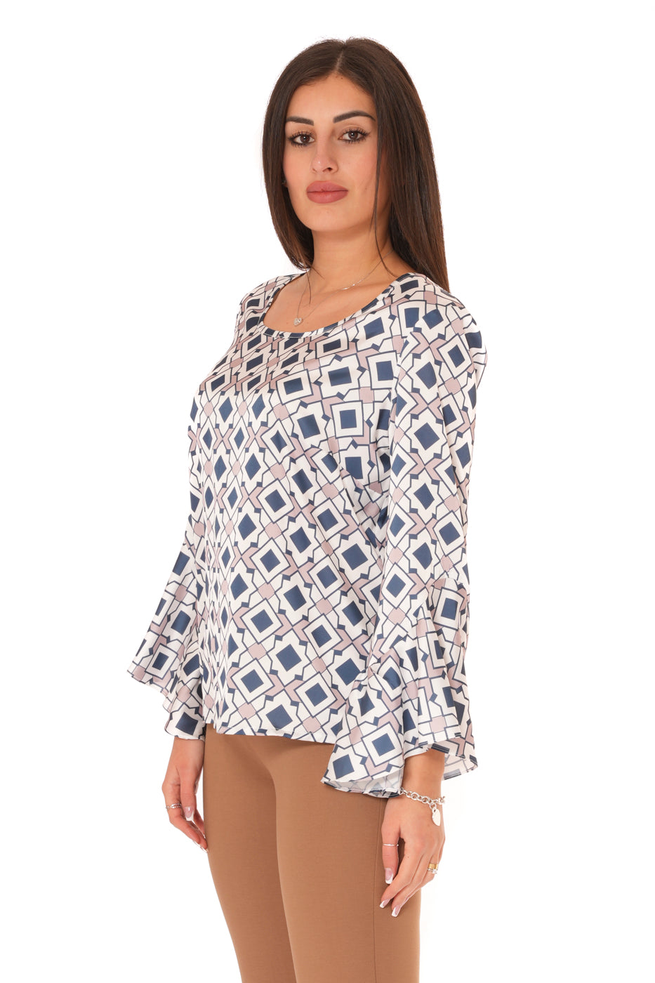 Blusa con scollo rotondo e manica con Voilant Tinta Unita