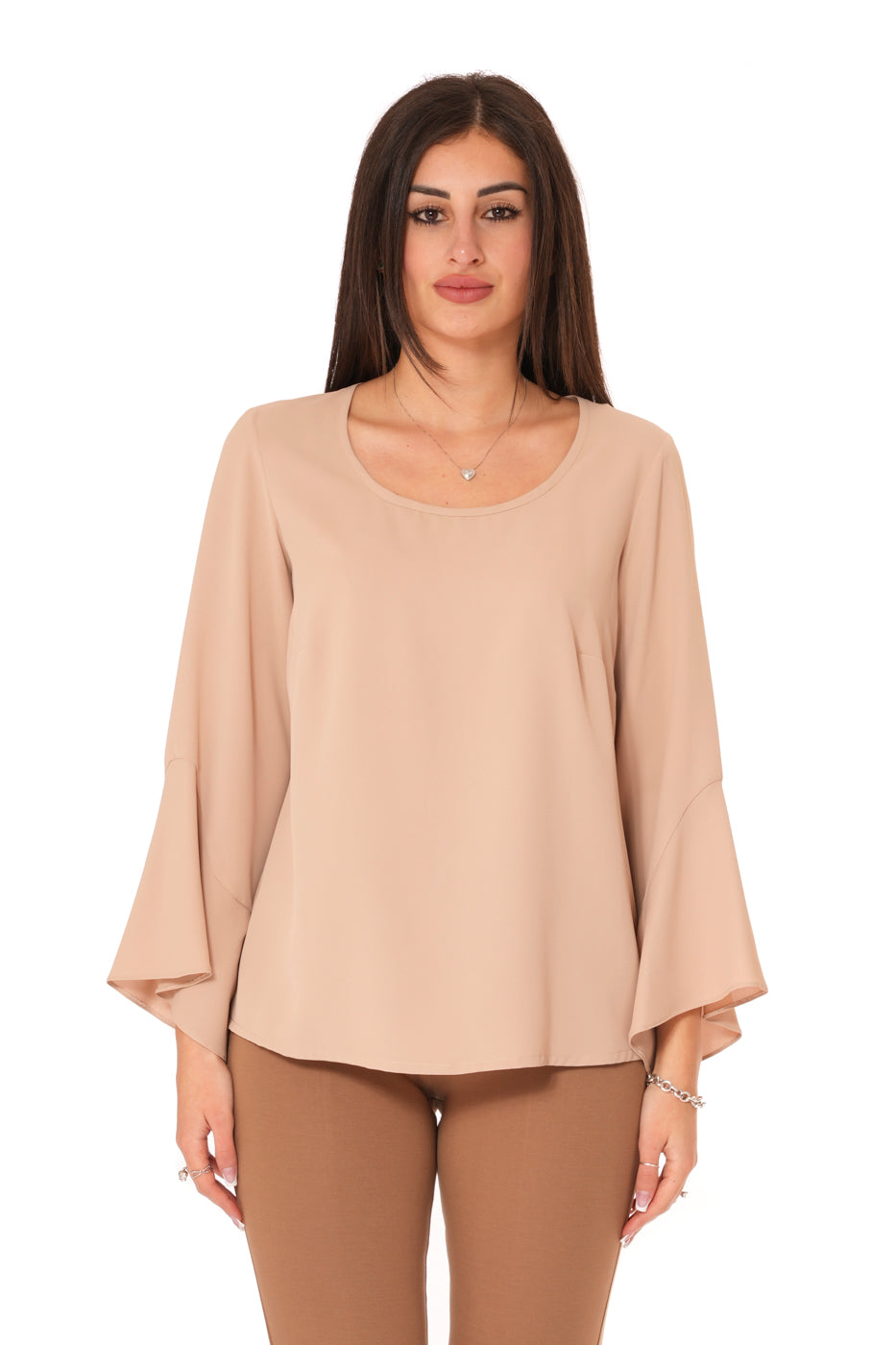 Blusa con scollo rotondo e manica con Voilant Tinta Unita