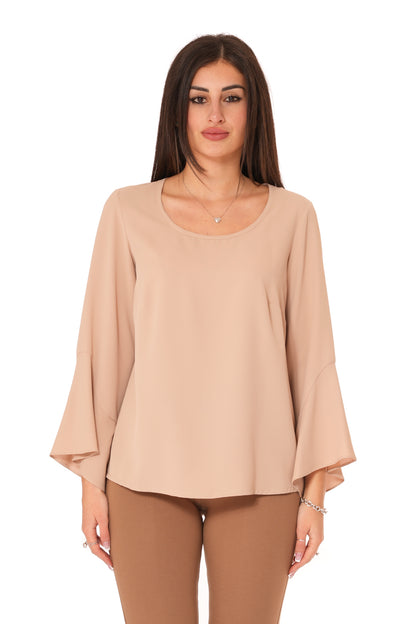 Blusa con scollo rotondo e manica con Voilant Tinta Unita