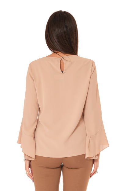 Blusa con scollo rotondo e manica con Voilant Tinta Unita