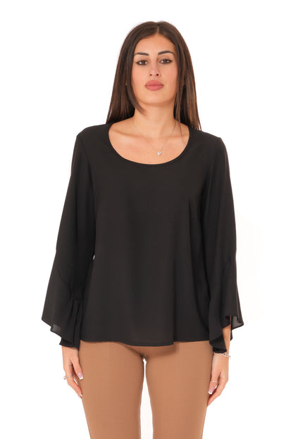 Blusa con scollo rotondo e manica con Voilant Tinta Unita
