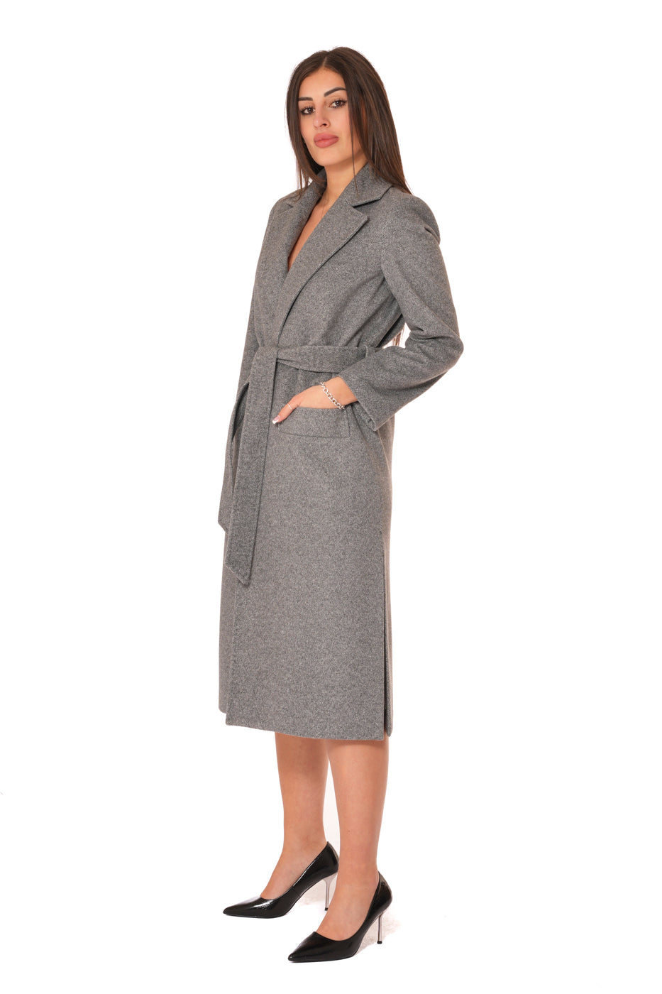 Cappotto a Vestaglia con cintura e bottoni e tasche a filo